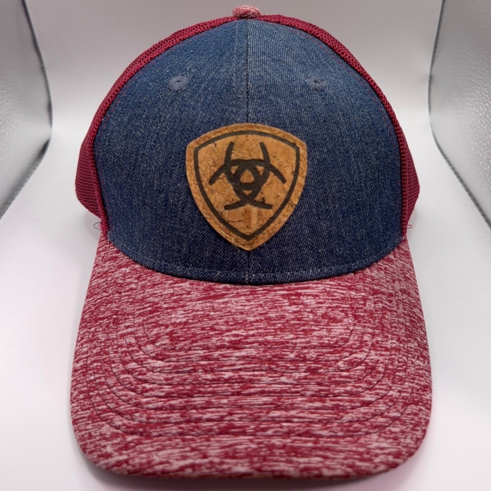 Ariat Mens Trucker Hat Denim Blue Red Space Dye Cork Logo Patch Snapback Cap